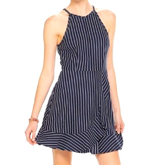 Xtraordinary Mini Dress Halter Neck w Faux Wrap Ruffle Skirt Striped Sz XS - Picture 3 of 11
